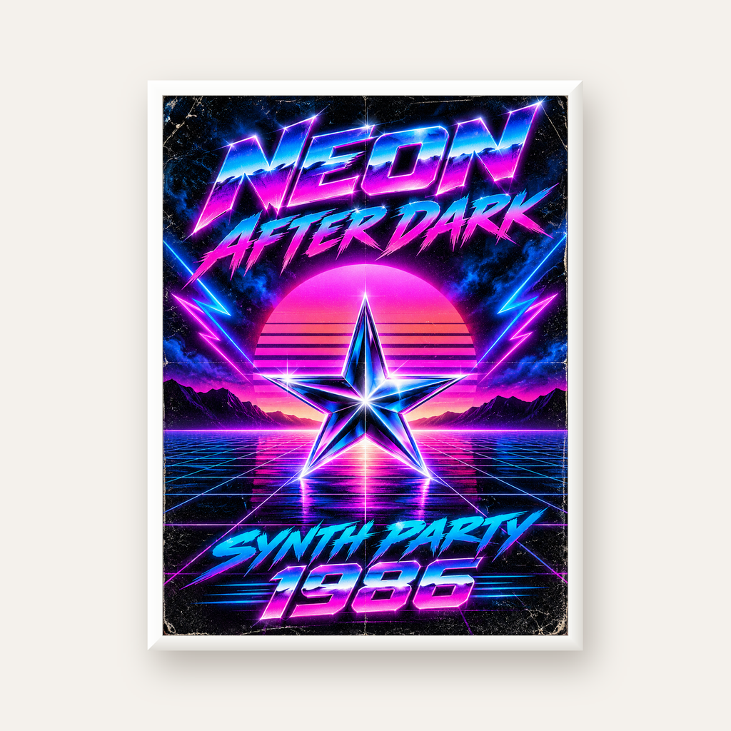 Retro Neon Synthwave Poster – 80'ler Stil Dijital Baskı — beyaz çerçeveli dikey poster