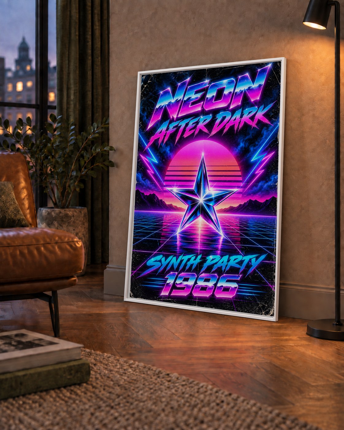 Retro Neon Synthwave Poster – 80'ler Stil Dijital Baskı — çerçeveli hâliyle bir ev duvarında