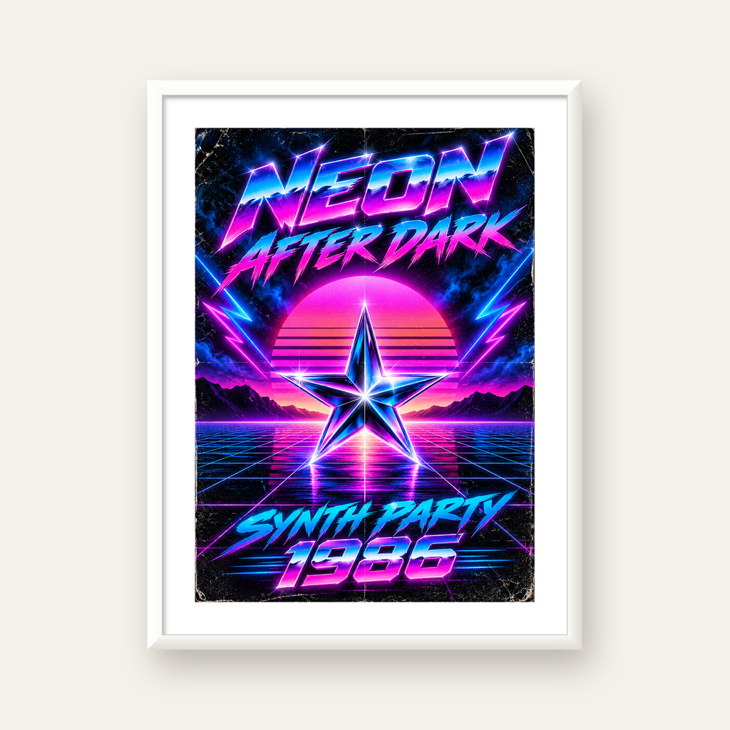 Retro Neon Synthwave Poster – 80'ler Stil Dijital Baskı — beyaz çerçeveli dikey poster