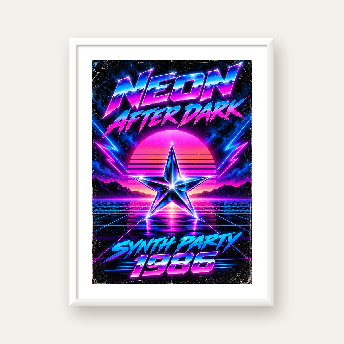 Retro Neon Synthwave Poster – 80'ler Stil Dijital Baskı — beyaz çerçeveli dikey poster