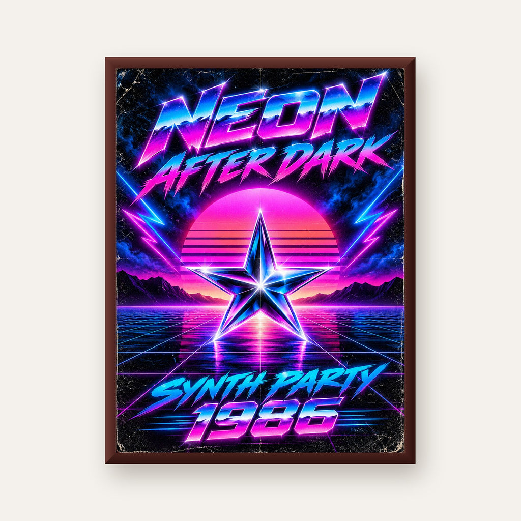 Retro Neon Synthwave Poster – 80'ler Stil Dijital Baskı — ceviz çerçeveli