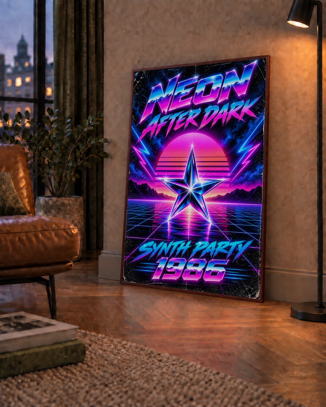 Retro Neon Synthwave Poster – 80'ler Stil Dijital Baskı — çerçeveli hâliyle bir ev duvarında