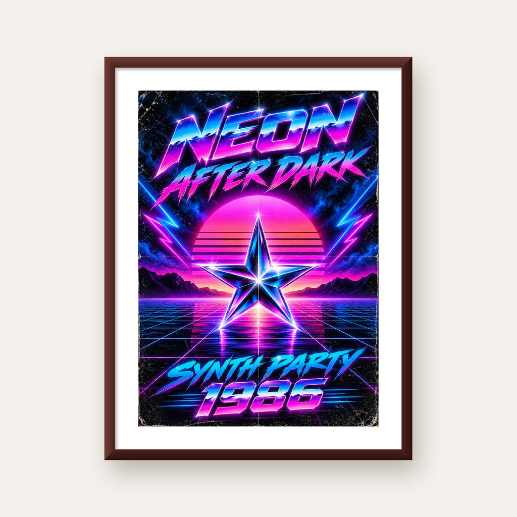 Retro Neon Synthwave Poster – 80'ler Stil Dijital Baskı — ceviz çerçeveli paspartulu