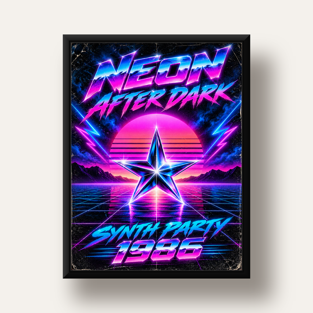 Retro Neon Synthwave Poster – 80'ler Stil Dijital Baskı — siyah derin çerçeveli