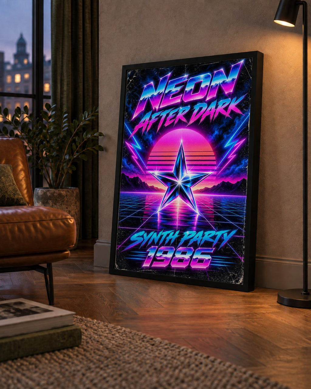 Retro Neon Synthwave Poster – 80'ler Stil Dijital Baskı — çerçeveli hâliyle bir ev duvarında