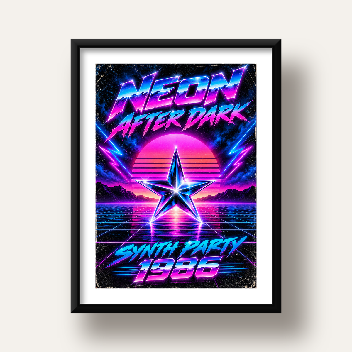 Retro Neon Synthwave Poster – 80'ler Stil Dijital Baskı — siyah derin çerçeveli paspartulu