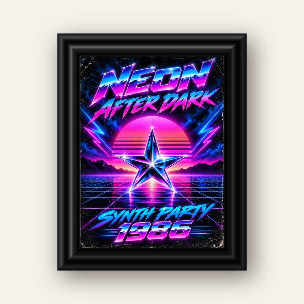 Retro Neon Synthwave Poster – 80'ler Stil Dijital Baskı — siyah galeri çerçeveli