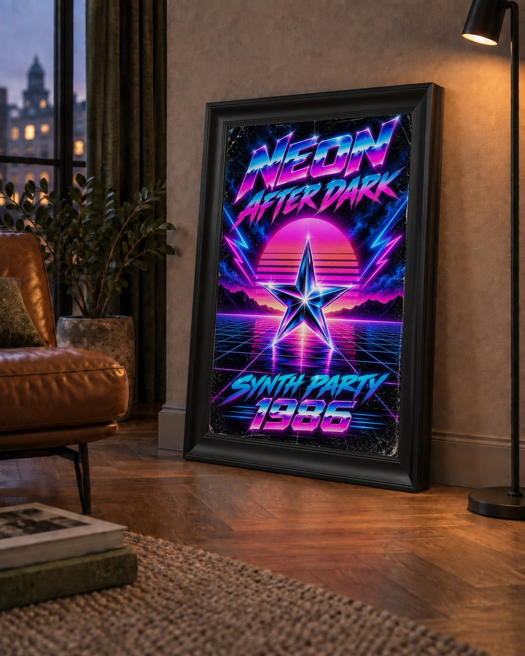 Retro Neon Synthwave Poster – 80'ler Stil Dijital Baskı — çerçeveli hâliyle bir ev duvarında