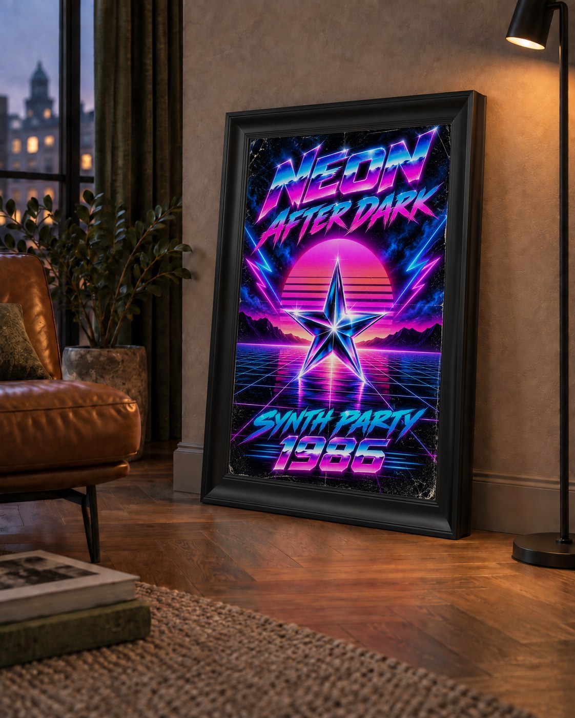 Retro Neon Synthwave Poster – 80'ler Stil Dijital Baskı — çerçeveli hâliyle bir ev duvarında
