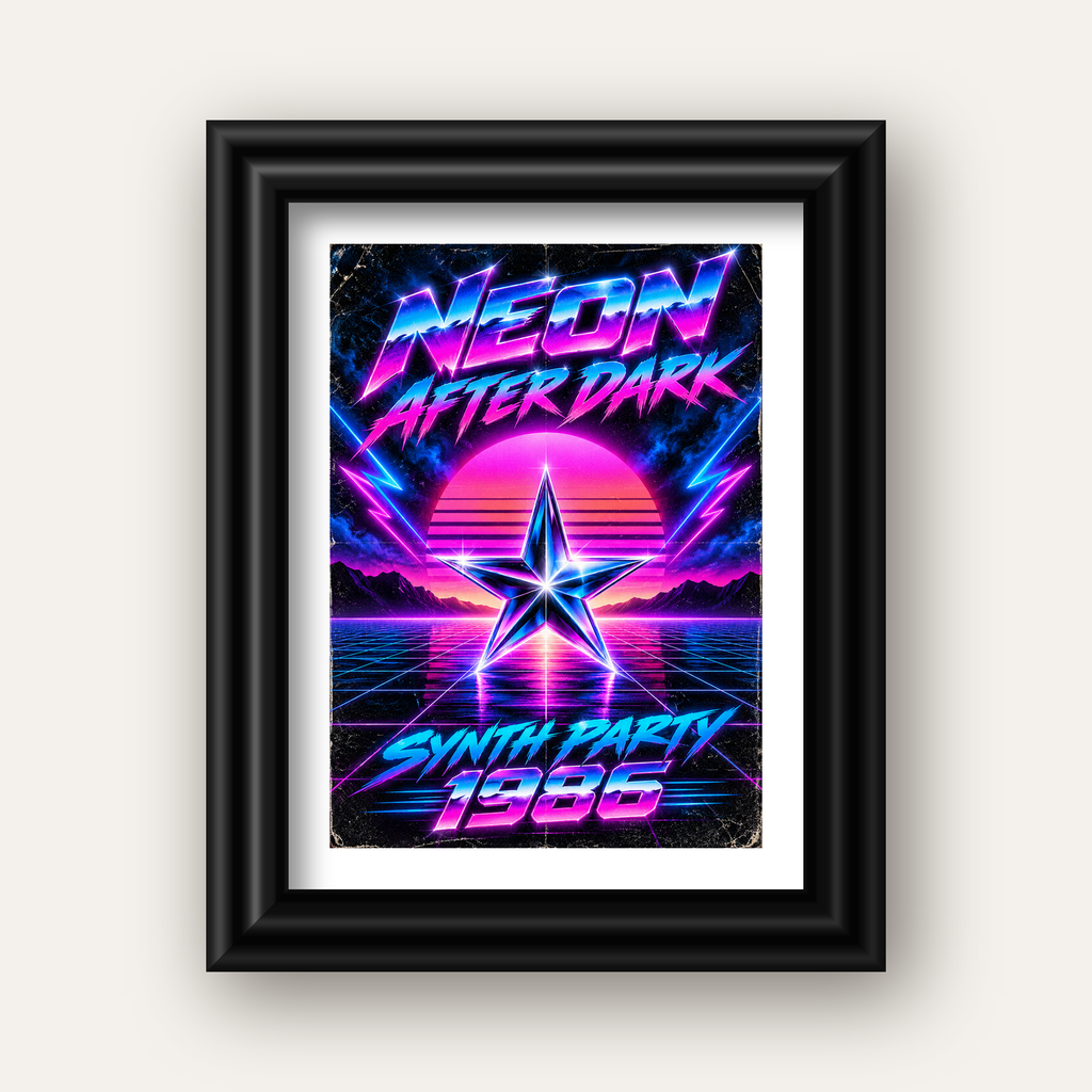 Retro Neon Synthwave Poster – 80'ler Stil Dijital Baskı — siyah galeri çerçeveli paspartulu