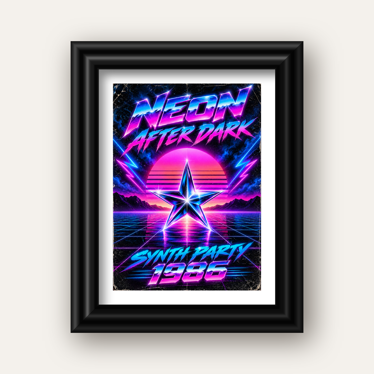 Retro Neon Synthwave Poster – 80'ler Stil Dijital Baskı — siyah galeri çerçeveli paspartulu