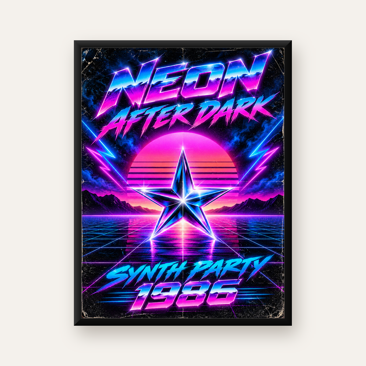 Retro Neon Synthwave Poster – 80'ler Stil Dijital Baskı — Dikey baskı, düz siyah çerçeveli duvar posteri