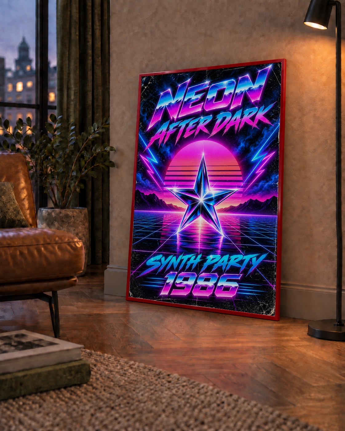 Retro Neon Synthwave Poster – 80'ler Stil Dijital Baskı — çerçeveli hâliyle bir ev duvarında