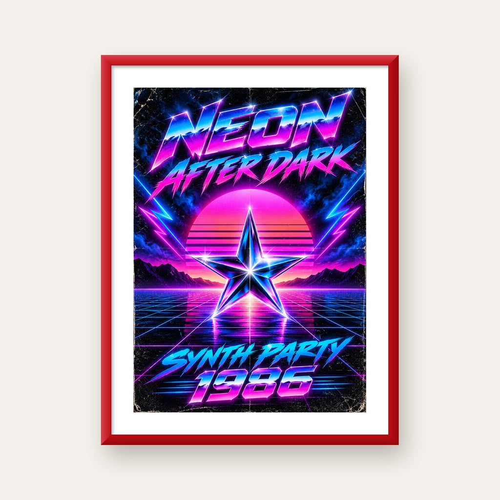 Retro Neon Synthwave Poster – 80'ler Stil Dijital Baskı — kırmızı çerçeveli paspartulu