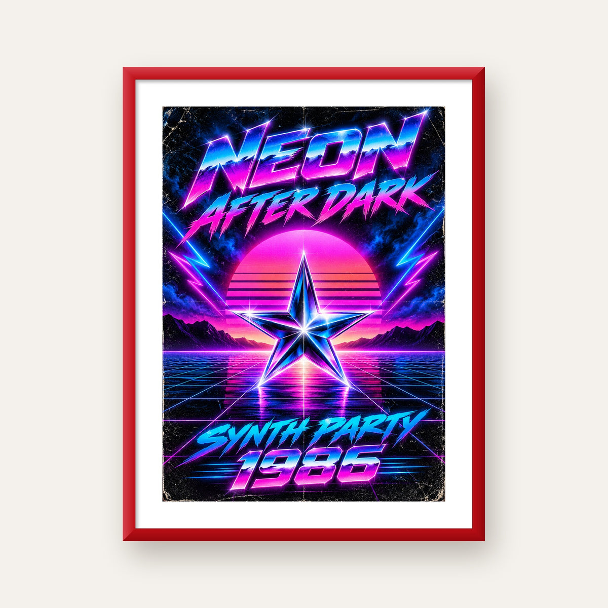 Retro Neon Synthwave Poster – 80'ler Stil Dijital Baskı — kırmızı çerçeveli paspartulu