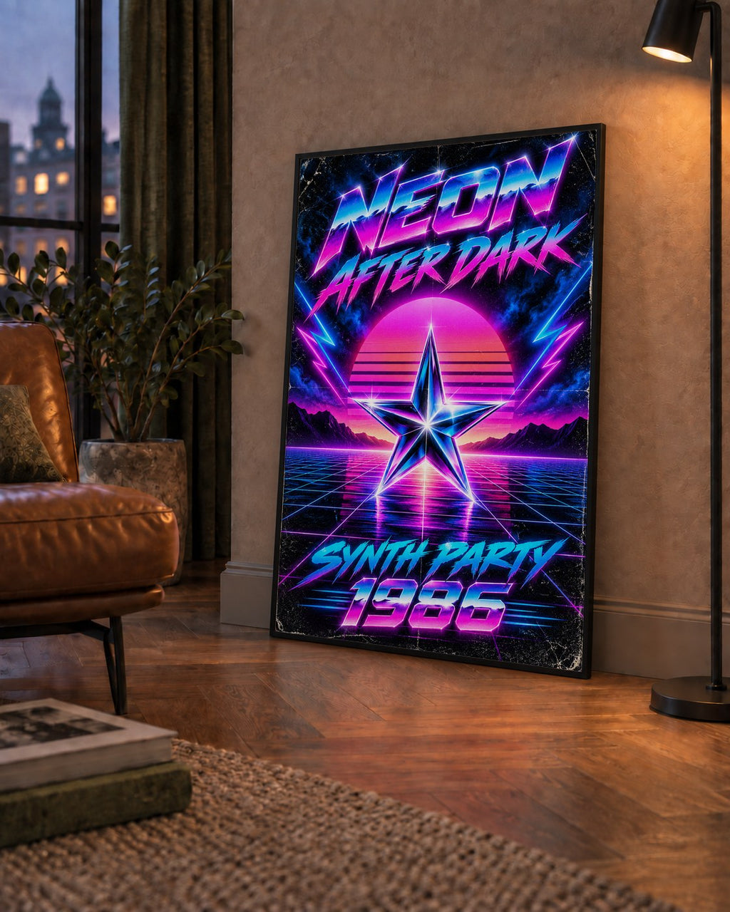Retro Neon Synthwave Poster – 80'ler Stil Dijital Baskı — çerçeveli hâliyle bir ev duvarında