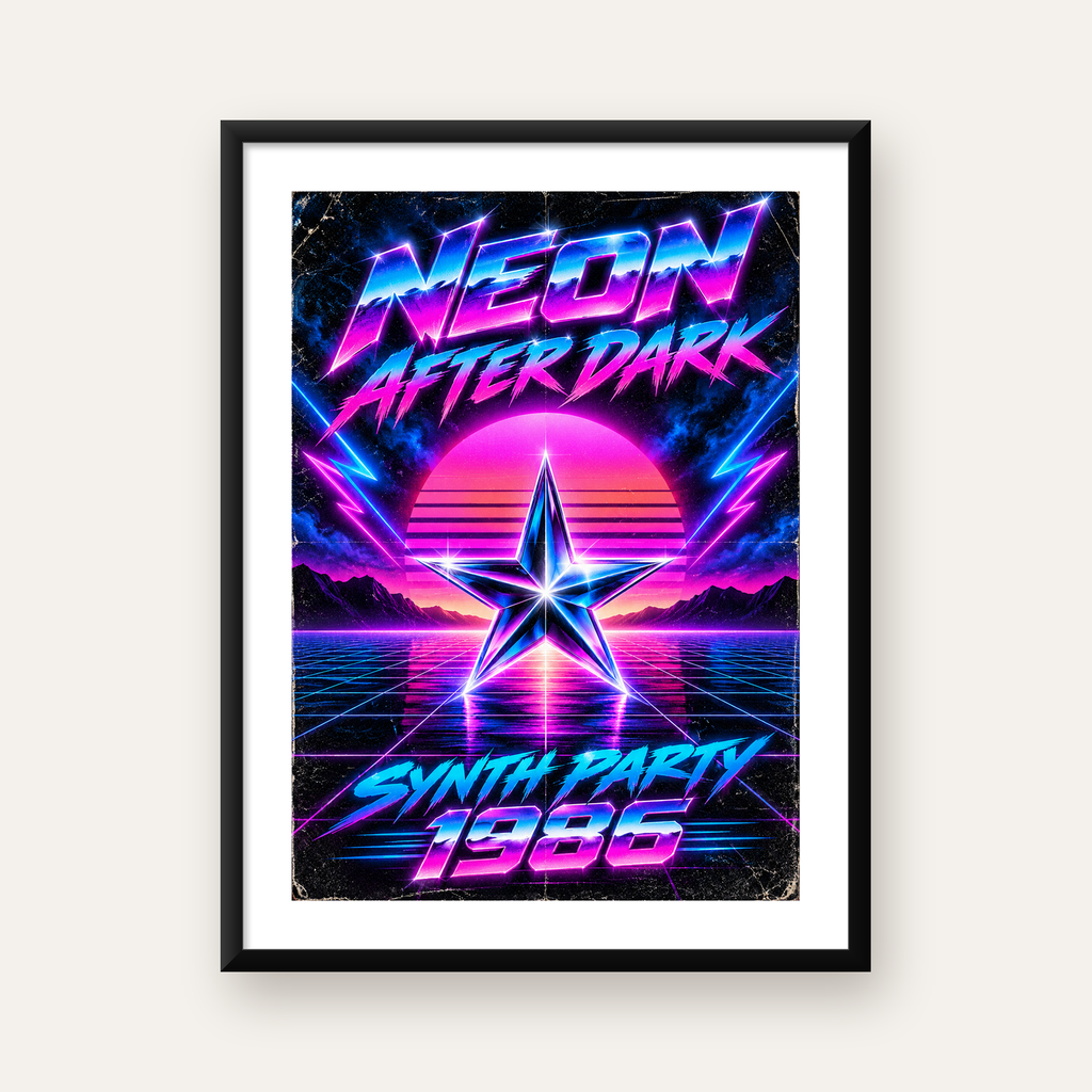 Retro Neon Synthwave Poster – 80'ler Stil Dijital Baskı — Dikey baskı, beyaz paspartulu