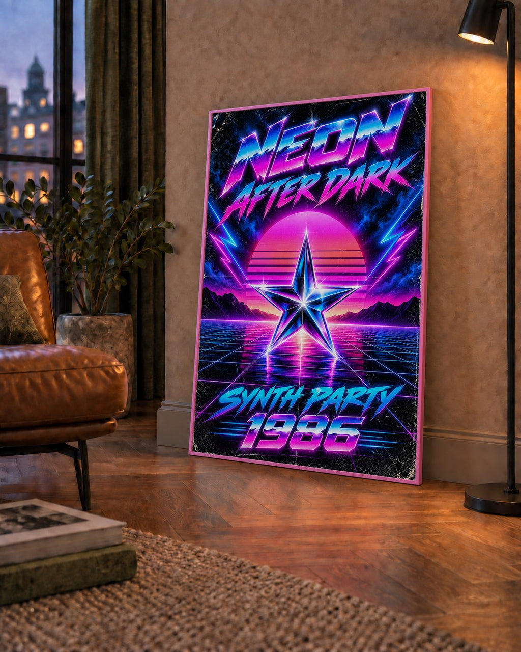 Retro Neon Synthwave Poster – 80'ler Stil Dijital Baskı — çerçeveli hâliyle bir ev duvarında