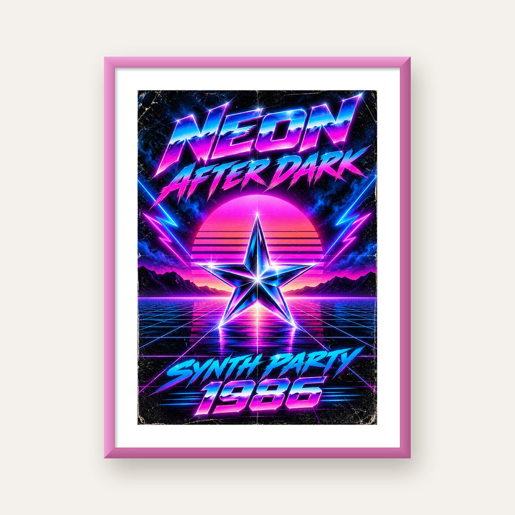 Retro Neon Synthwave Poster – 80'ler Stil Dijital Baskı — pembe çerçeveli paspartulu