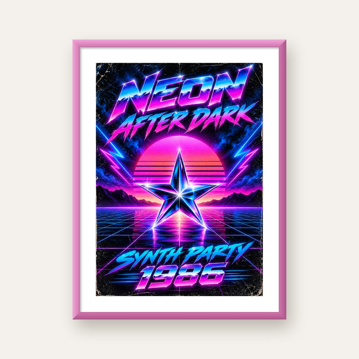 Retro Neon Synthwave Poster – 80'ler Stil Dijital Baskı — pembe çerçeveli paspartulu
