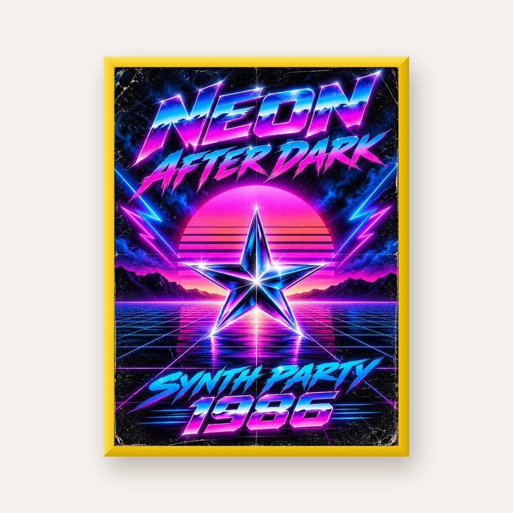 Retro Neon Synthwave Poster – 80'ler Stil Dijital Baskı — sarı çerçeveli