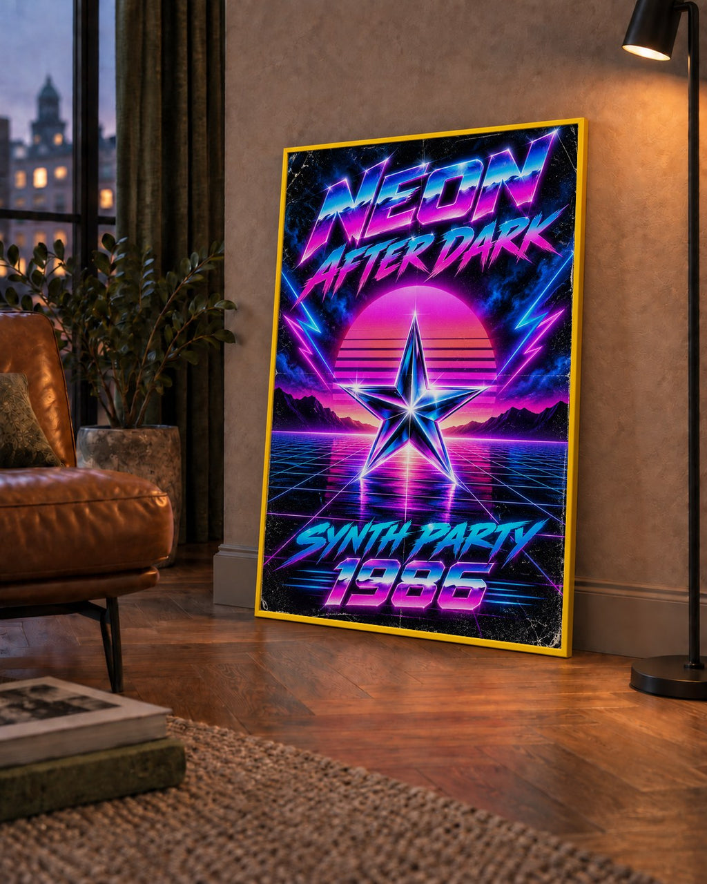Retro Neon Synthwave Poster – 80'ler Stil Dijital Baskı — çerçeveli hâliyle bir ev duvarında