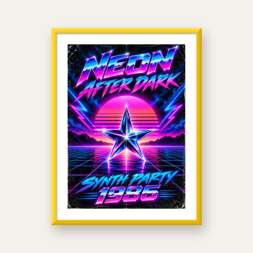 Retro Neon Synthwave Poster – 80'ler Stil Dijital Baskı — sarı çerçeveli paspartulu