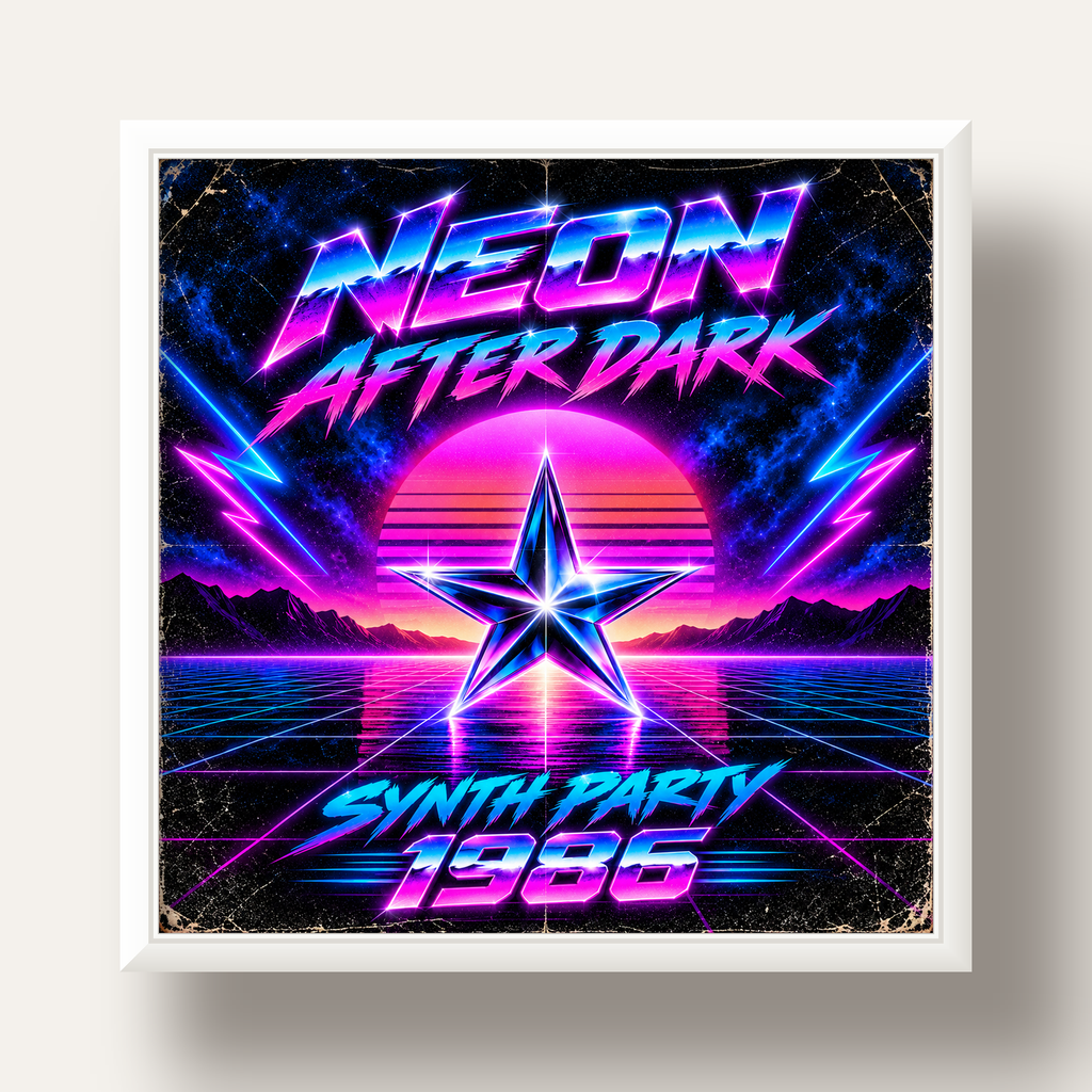 Retro Neon Synthwave Poster – 80'ler Stil Dijital Baskı — beyaz derin çerçeveli