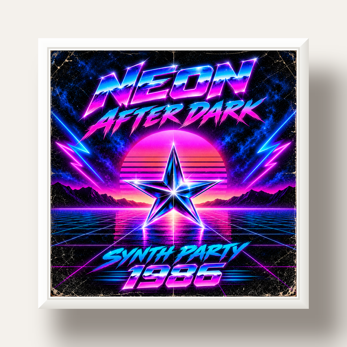 Retro Neon Synthwave Poster – 80'ler Stil Dijital Baskı — beyaz derin çerçeveli