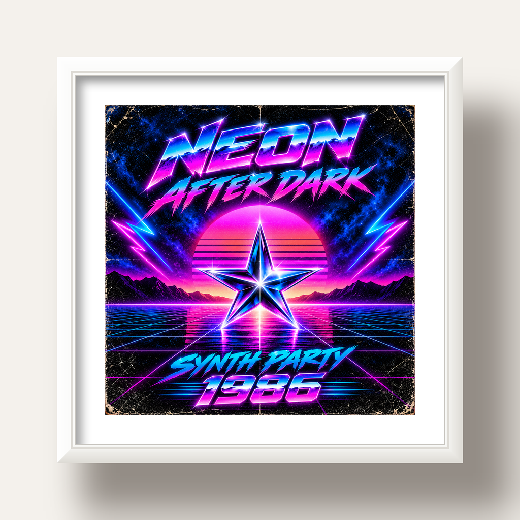 Retro Neon Synthwave Poster – 80'ler Stil Dijital Baskı — beyaz derin çerçeveli paspartulu