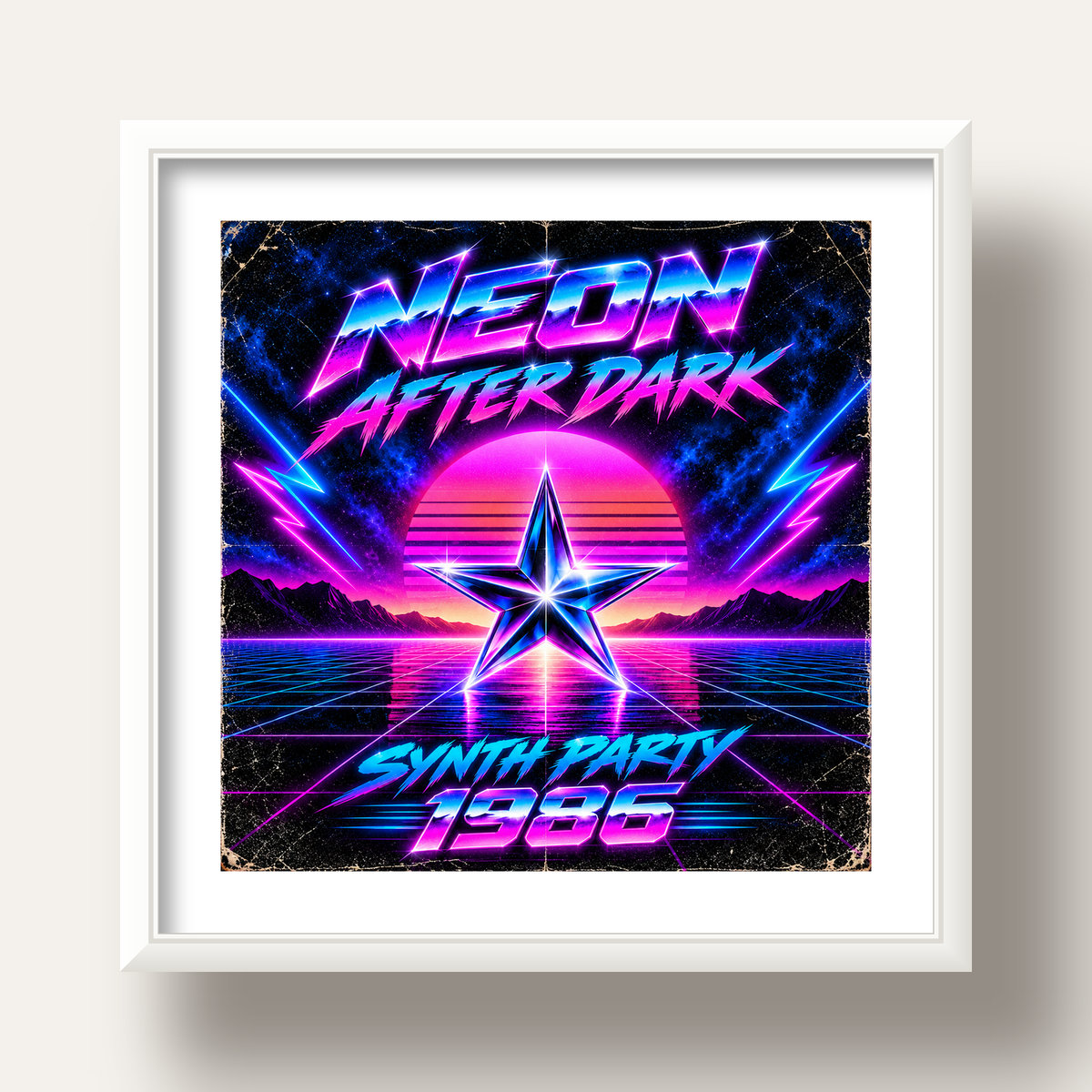 Retro Neon Synthwave Poster – 80'ler Stil Dijital Baskı — beyaz derin çerçeveli paspartulu