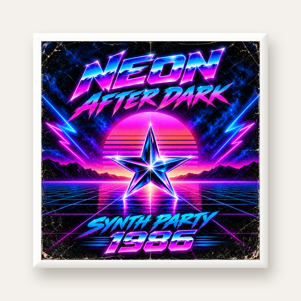 Retro Neon Synthwave Poster – 80'ler Stil Dijital Baskı — beyaz çerçeveli kare poster