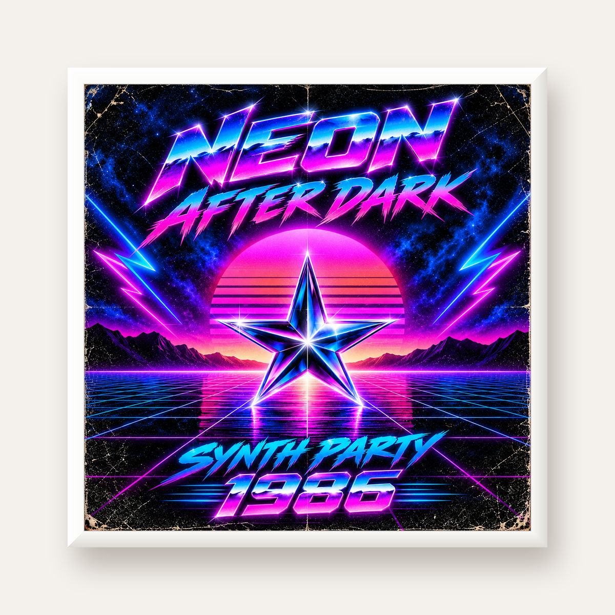 Retro Neon Synthwave Poster – 80'ler Stil Dijital Baskı — beyaz çerçeveli kare poster