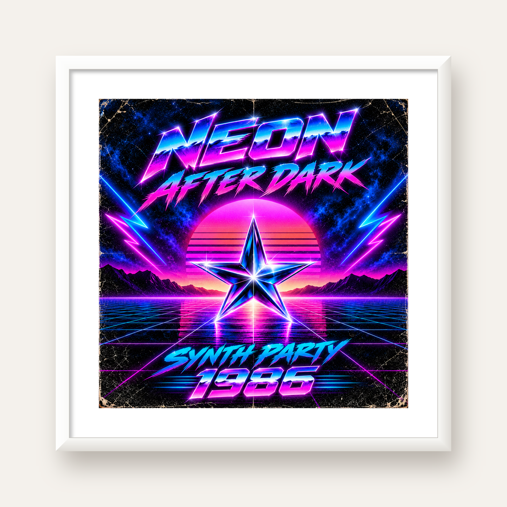 Retro Neon Synthwave Poster – 80'ler Stil Dijital Baskı — beyaz çerçeveli kare poster