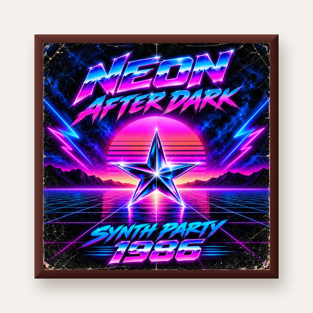 Retro Neon Synthwave Poster – 80'ler Stil Dijital Baskı — ceviz çerçeveli