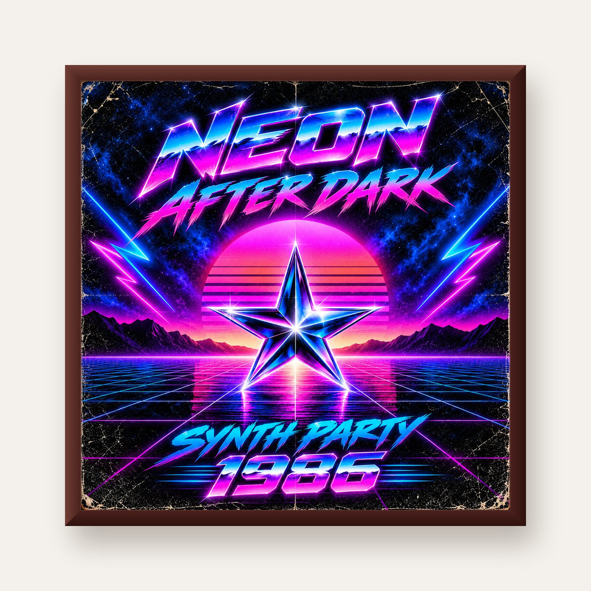 Retro Neon Synthwave Poster – 80'ler Stil Dijital Baskı — ceviz çerçeveli