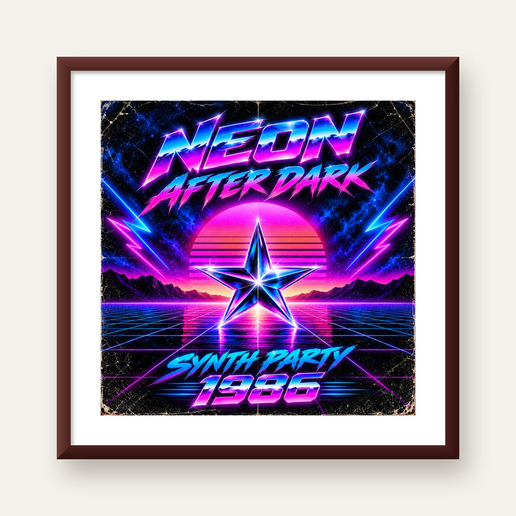 Retro Neon Synthwave Poster – 80'ler Stil Dijital Baskı — ceviz çerçeveli paspartulu