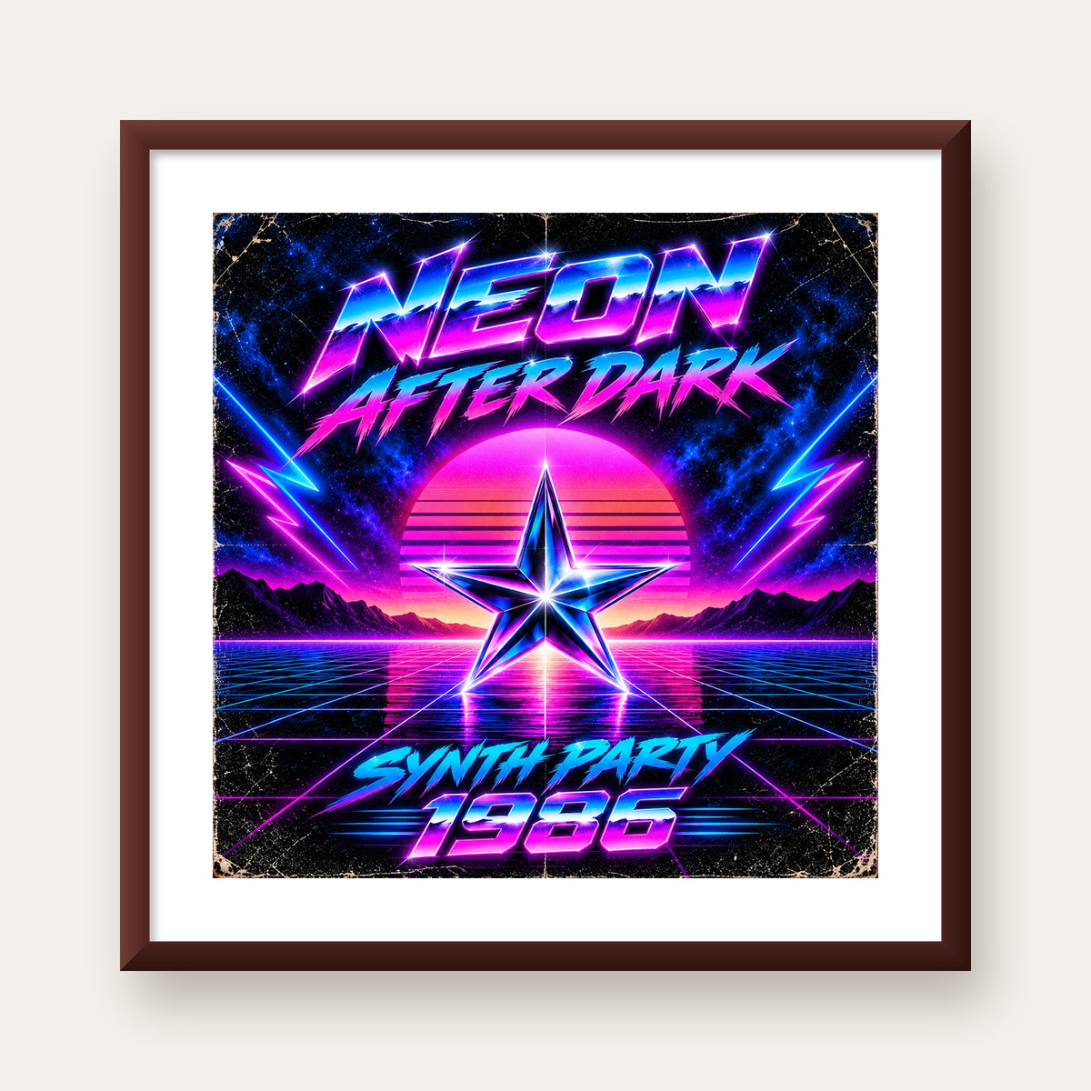Retro Neon Synthwave Poster – 80'ler Stil Dijital Baskı — ceviz çerçeveli paspartulu