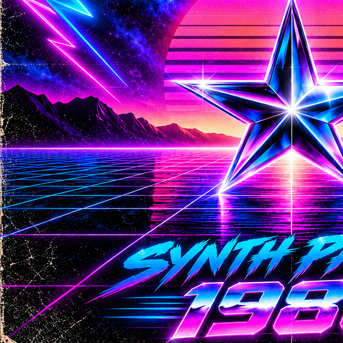 Retro Neon Synthwave Poster – 80'ler Stil Dijital Baskı — baskının yakın çekimi, kâğıt dokusu ve renk detayı