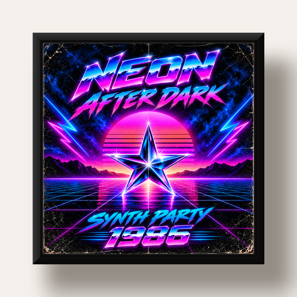 Retro Neon Synthwave Poster – 80'ler Stil Dijital Baskı — siyah derin çerçeveli
