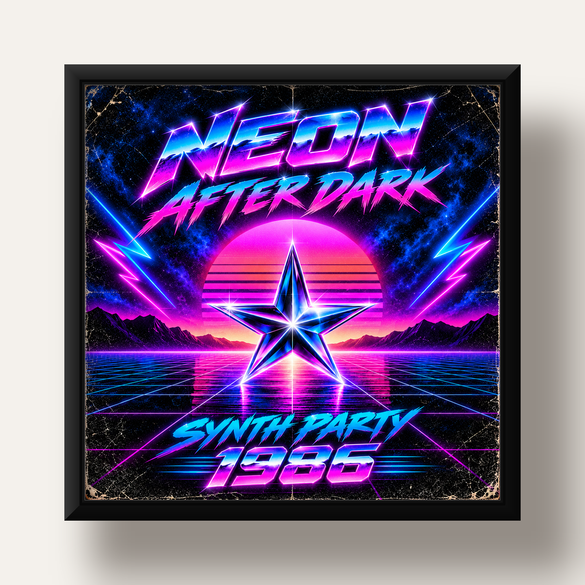 Retro Neon Synthwave Poster – 80'ler Stil Dijital Baskı — siyah derin çerçeveli