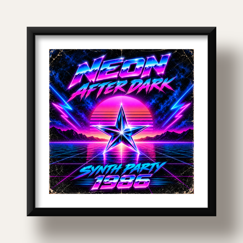 Retro Neon Synthwave Poster – 80'ler Stil Dijital Baskı — siyah derin çerçeveli paspartulu