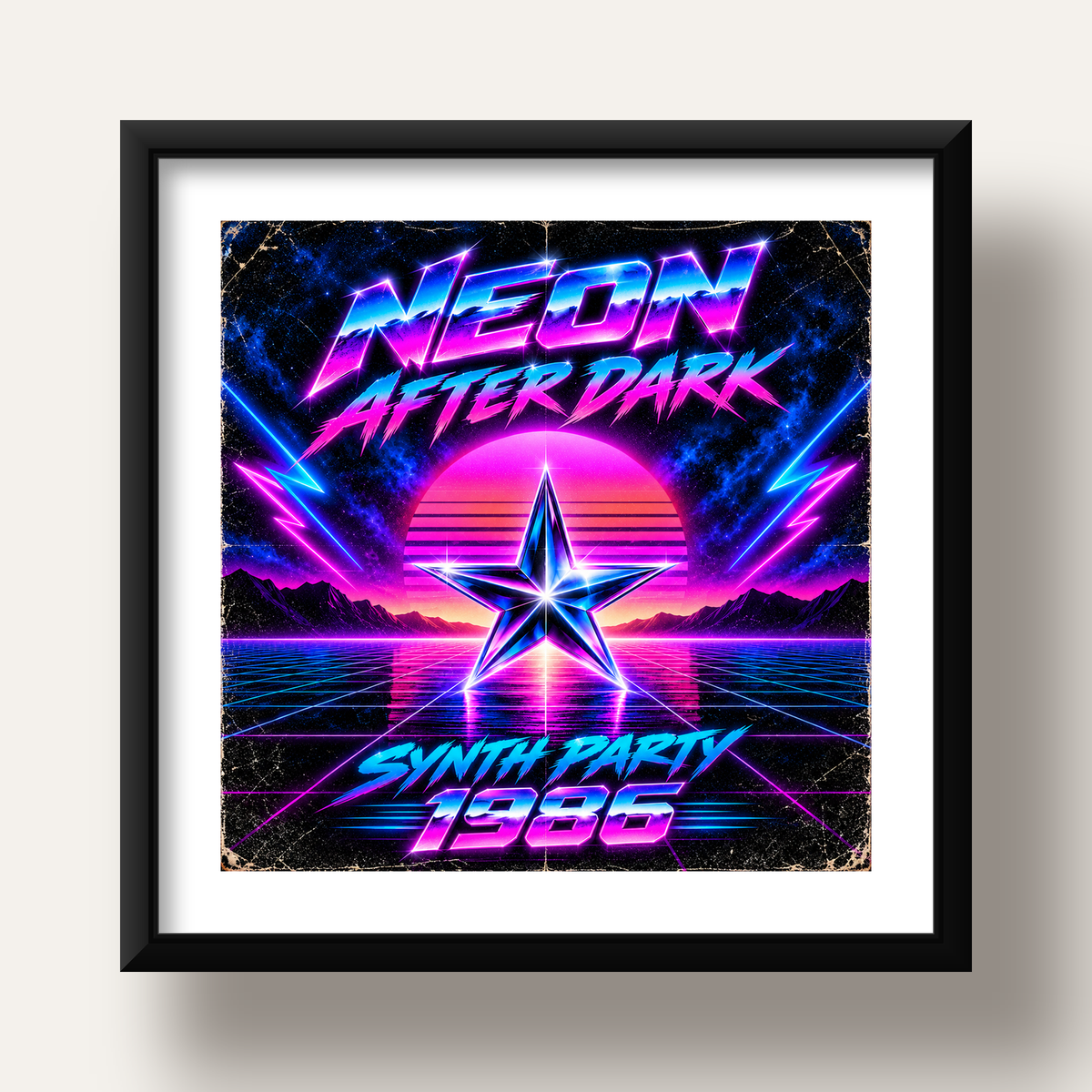 Retro Neon Synthwave Poster – 80'ler Stil Dijital Baskı — siyah derin çerçeveli paspartulu