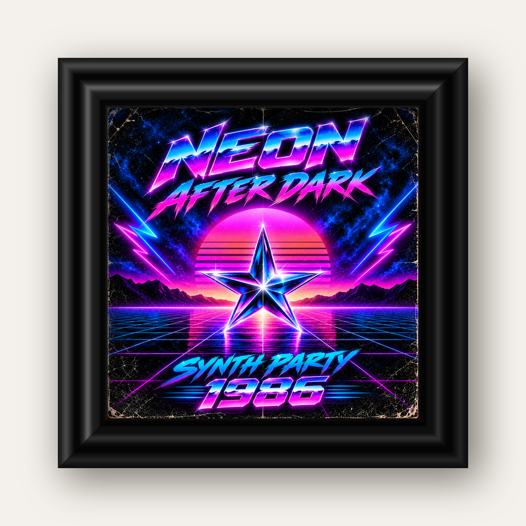 Retro Neon Synthwave Poster – 80'ler Stil Dijital Baskı — siyah galeri çerçeveli