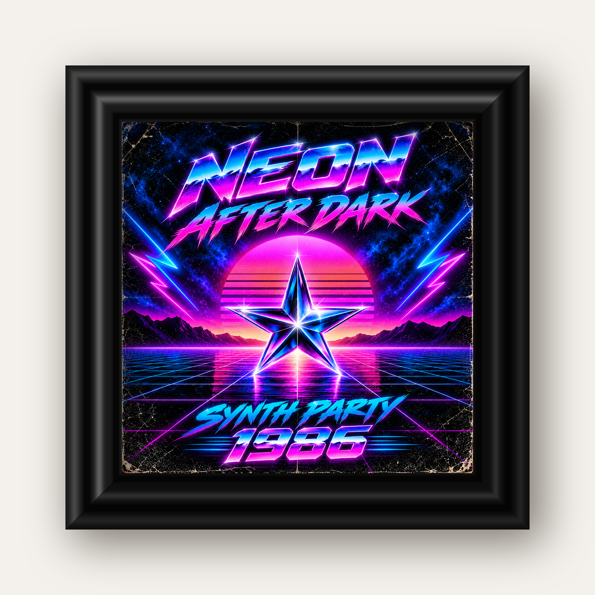 Retro Neon Synthwave Poster – 80'ler Stil Dijital Baskı — siyah galeri çerçeveli