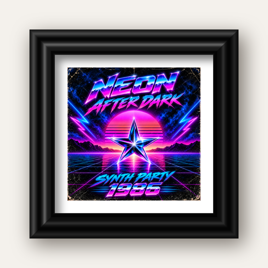 Retro Neon Synthwave Poster – 80'ler Stil Dijital Baskı — siyah galeri çerçeveli paspartulu