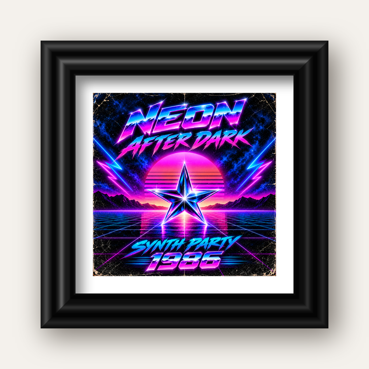 Retro Neon Synthwave Poster – 80'ler Stil Dijital Baskı — siyah galeri çerçeveli paspartulu