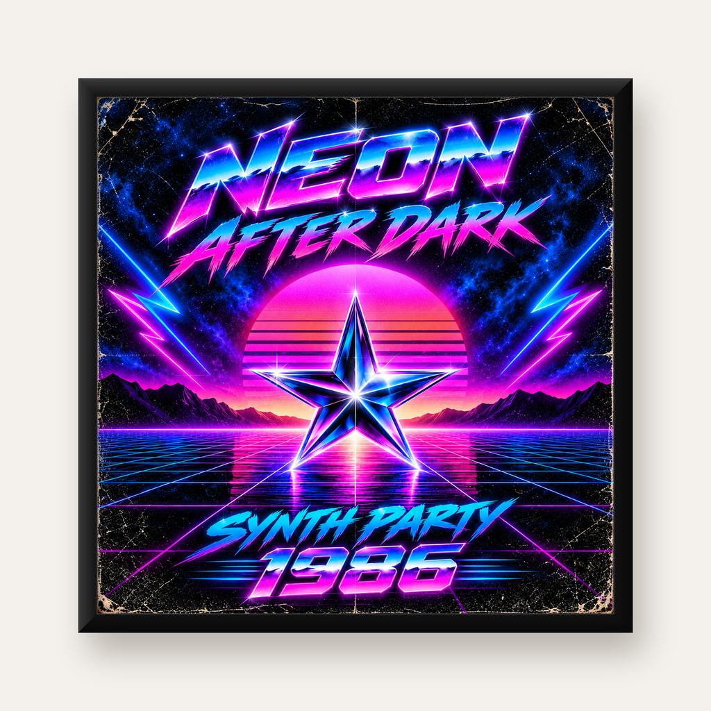 Retro Neon Synthwave Poster – 80'ler Stil Dijital Baskı — Kare baskı, düz siyah çerçeveli duvar posteri