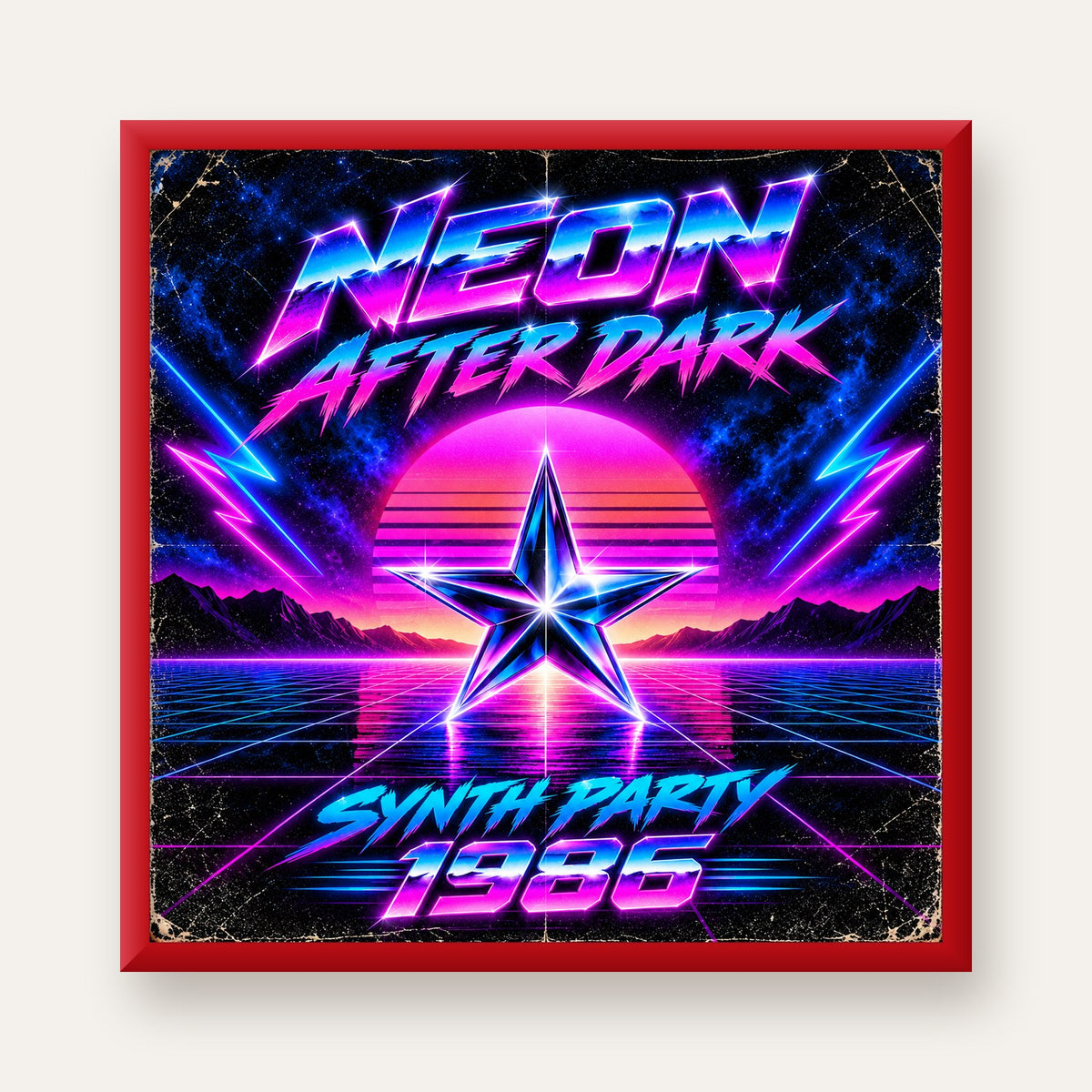 Retro Neon Synthwave Poster – 80'ler Stil Dijital Baskı — kırmızı çerçeveli