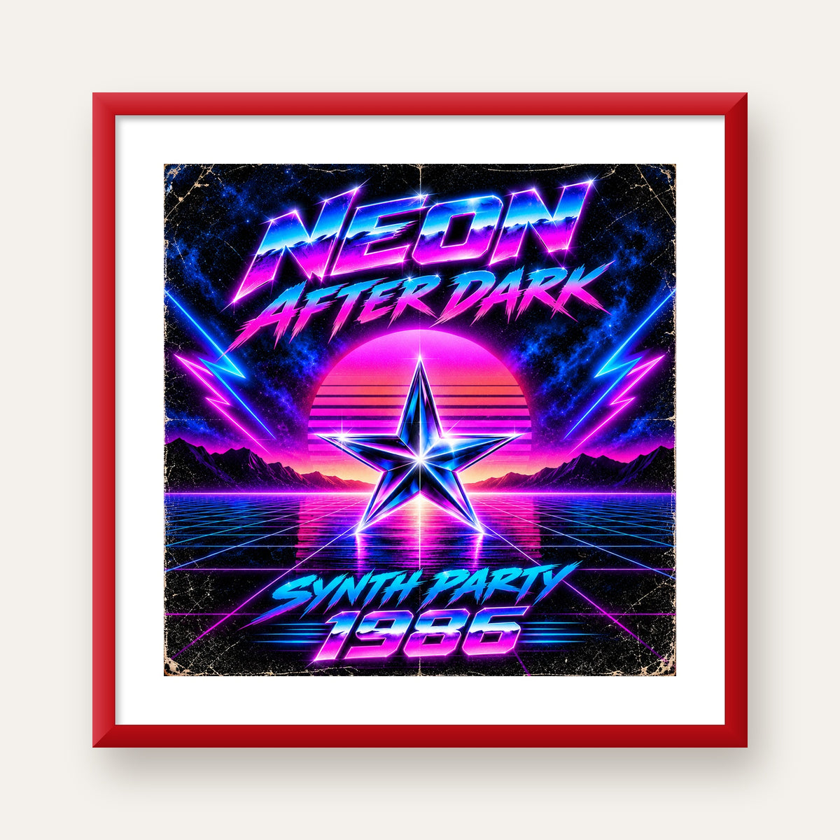 Retro Neon Synthwave Poster – 80'ler Stil Dijital Baskı — kırmızı çerçeveli paspartulu